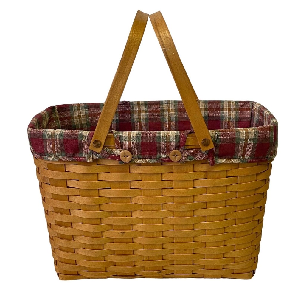Longaberger 2000 Magazine Basket w/ Red Plaid Liner Handwoven Double Handle